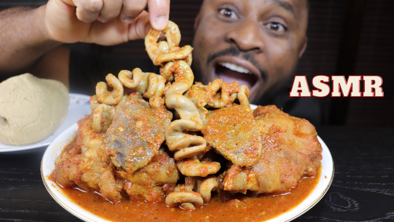 Asmr Mukbang Pork Belly,Tongue,Intestines,Porkfeet & Oatmeal Fufu/African Mukbang