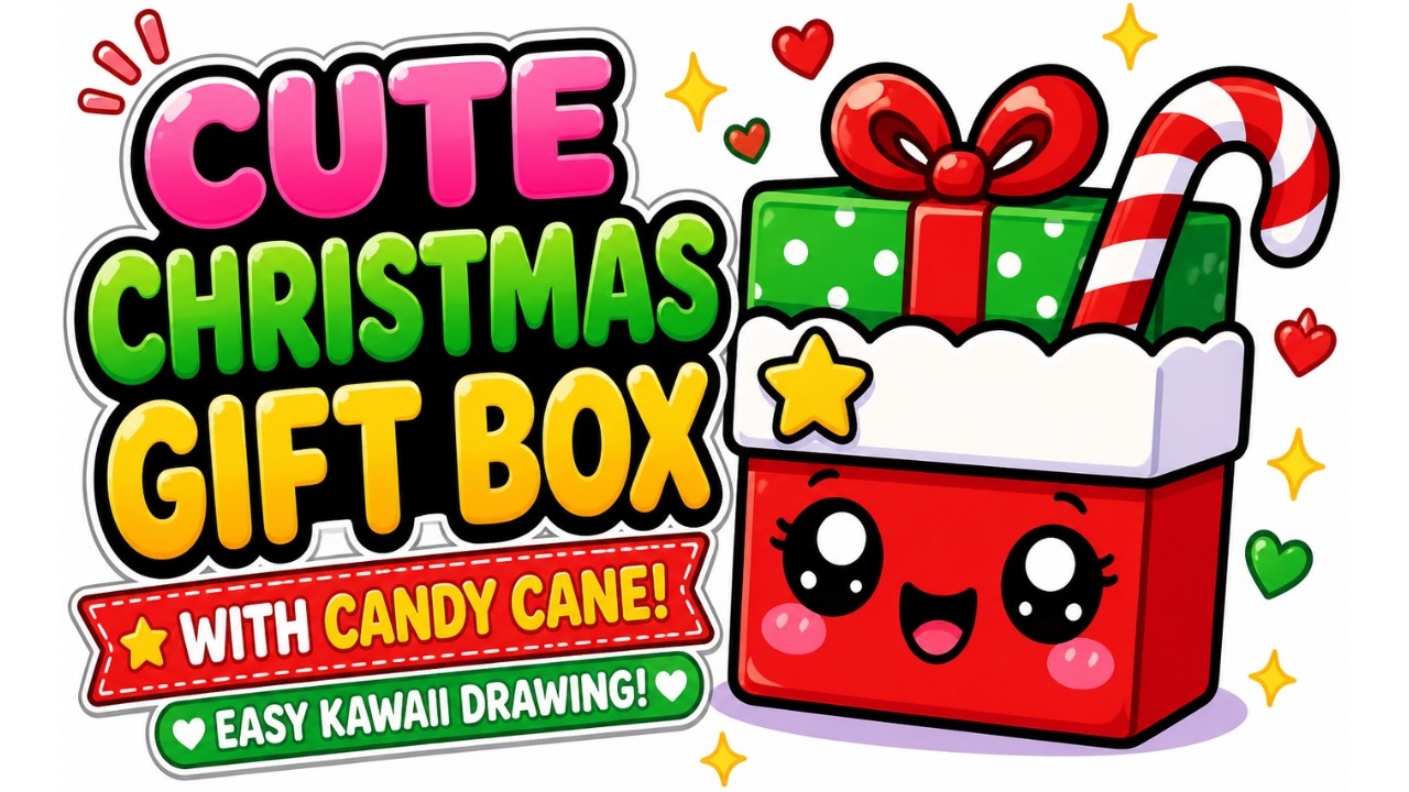 How to Draw a Cute Christmas Gift Box with Candy Cane | Easy Kawaii Christmas Drawing for Kids
