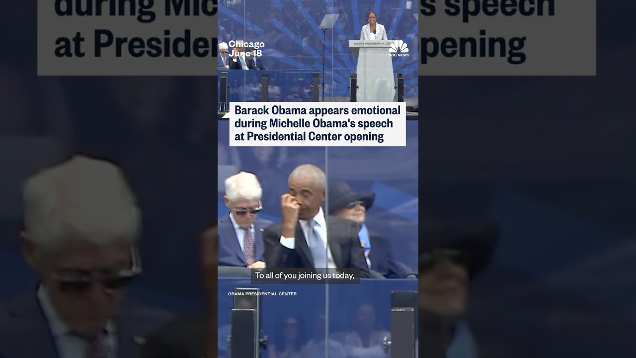 Barack Obama appears emotional during Michelle Obama's speech at Presidential Center opening