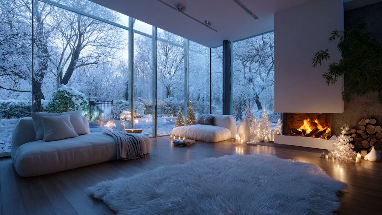 Snow Wind Outside, Fireplace Inside | Cozy Winter Room Sounds for Deep Sleep, Stress Relief