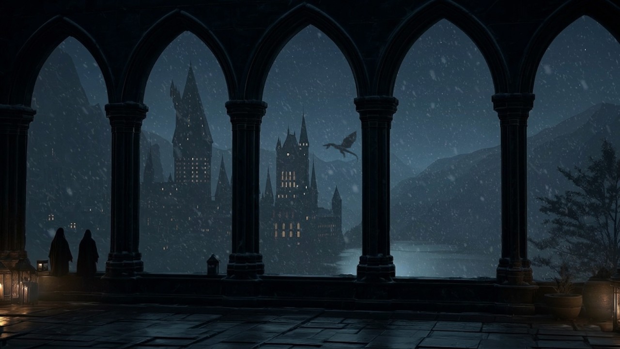 Harry Potter Ambience | Winter Window Hogwarts View & Gloomy Snowstorm for Study, Sleep and Focus