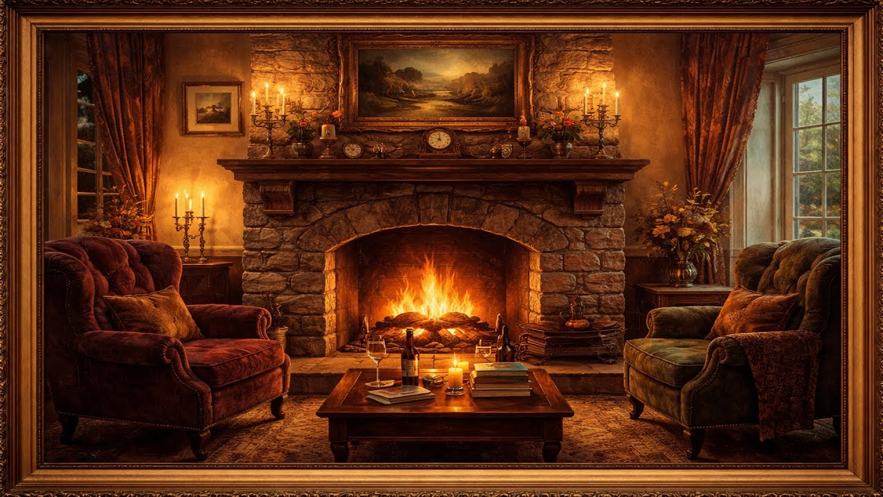 Cozy Fireplace Ambience | 4K Framed TV Art | Relaxing Piano & Crackling Fire