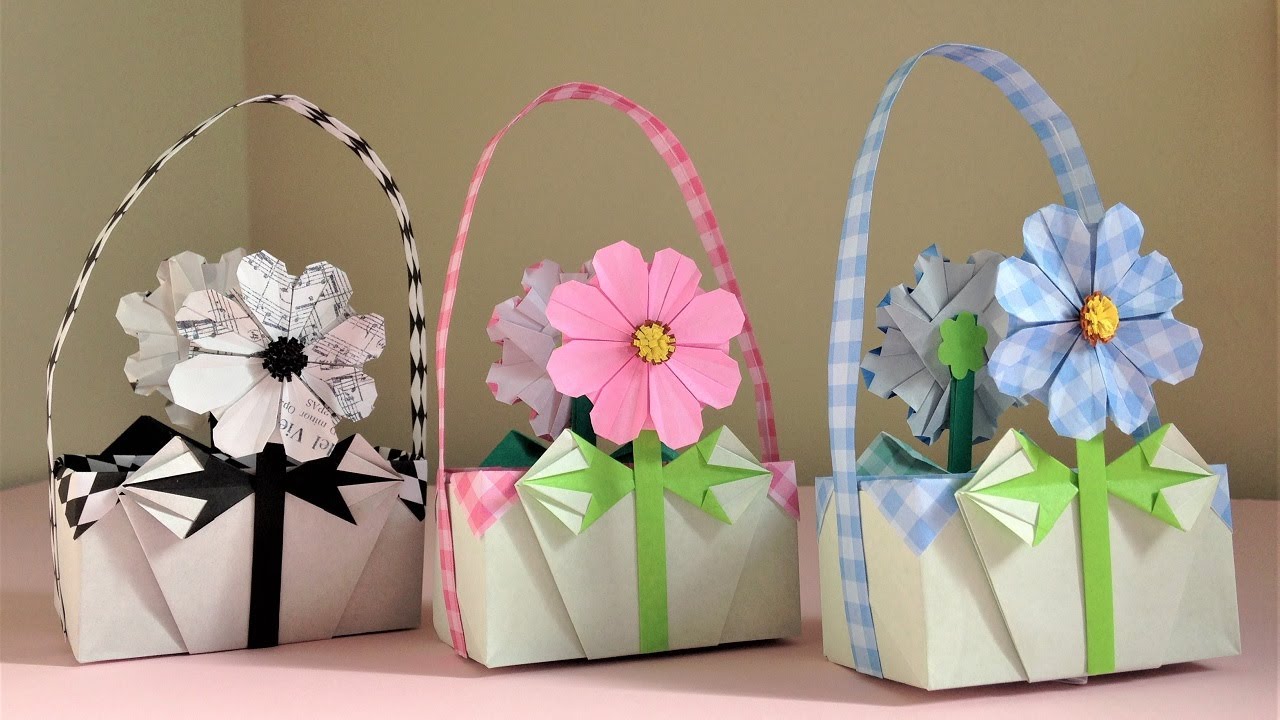 折り紙 コスモスの花のバスケット 折り方 2 Origami cosmos flower basket tutorial（niceno1）