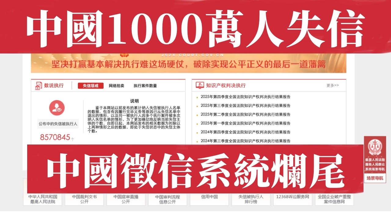 中國1000萬人集體失信！中國征信系統爛尾，法院判決書成廢紙，老賴橫行法不責眾，850萬黑名單人生絕境，3億人逾期負債，執行到位率僅五成&mdash;&mdash;當全民躺平遇上信用死亡，中國的征信體系還剩幾成威力？經濟危機