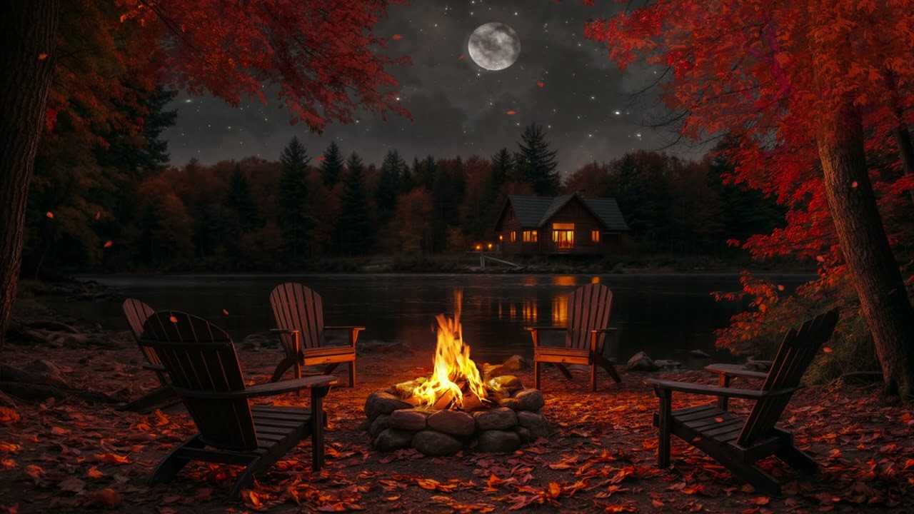 Healing Lakeside Fireplace Ambience🔥Gentle Crickets, Starry Night Sky & Tranquil Water Reflections