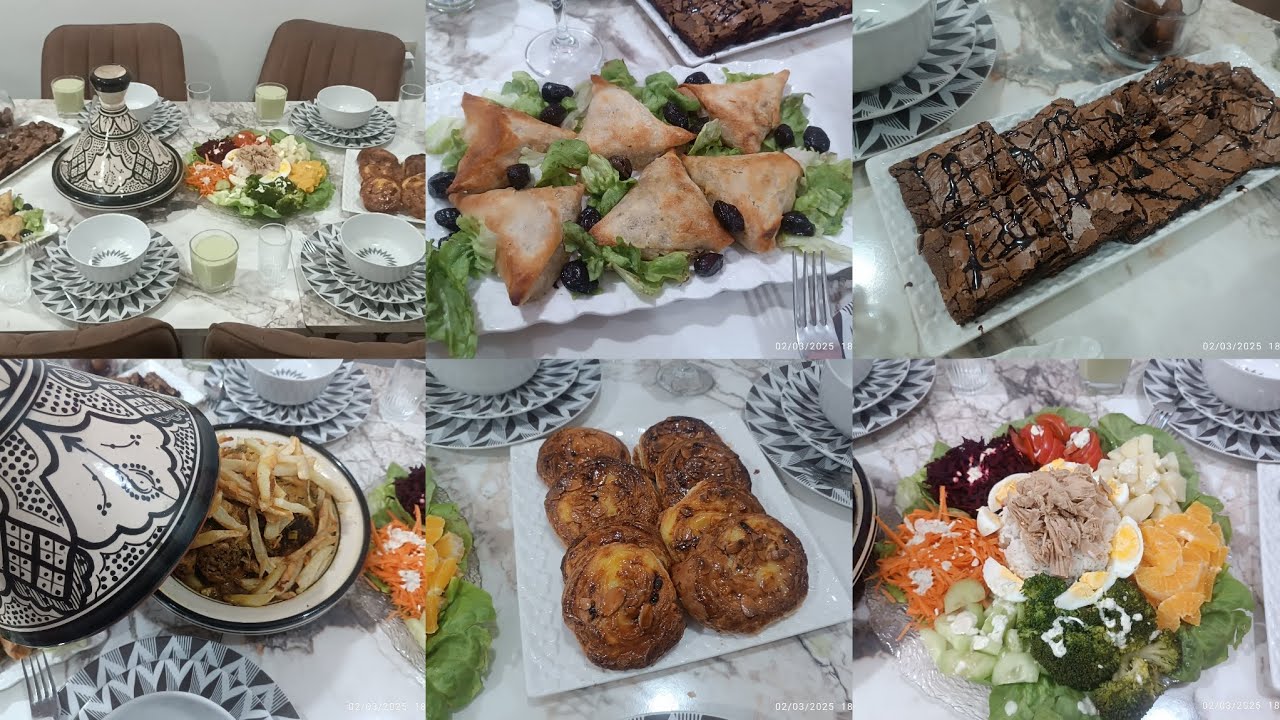 فطور رمضان  بسيط و سهل طجين دجاج مع بريوات و سلطة متنوعة براونيز للتحلية و شنيك لديدة
