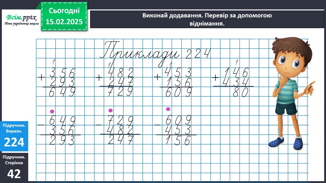 Урок математики в 3 класі. Перевірка додавання трицифрових чисел дією віднімання