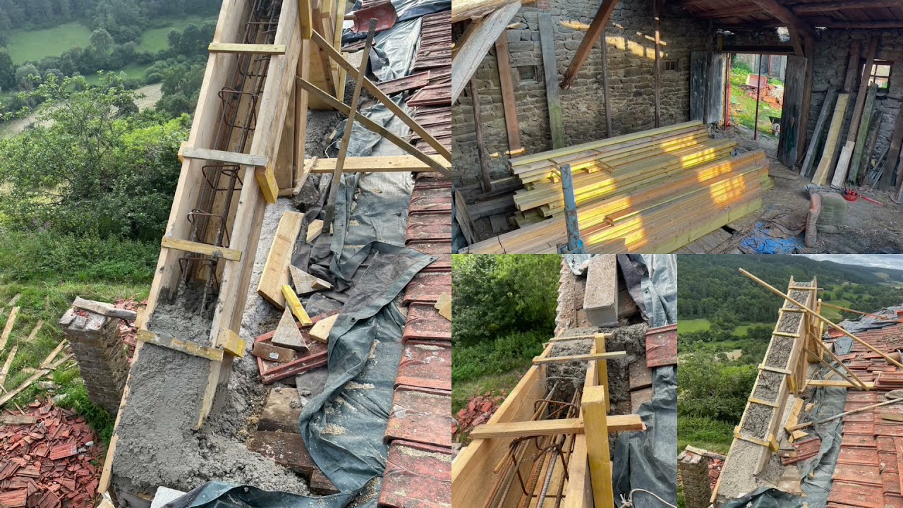 Renfort mur en pierre avec béton armé et création de deux pignons intermédiaires