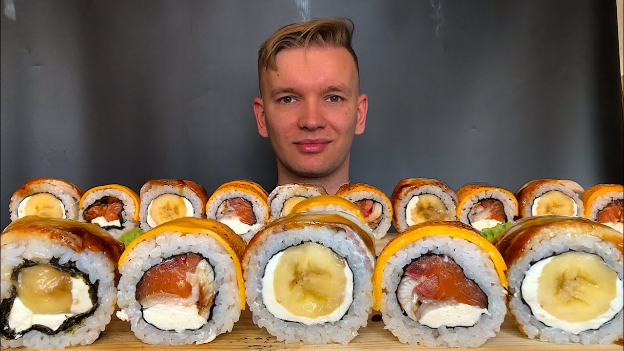 МУКБАНГ ОГРОМНЫЕ РОЛЛЫ I Ревность I Необычные с бананом 🍌, сыром 🧀,  лососем 🍱 , тунцом 🐟, угрем 🐍