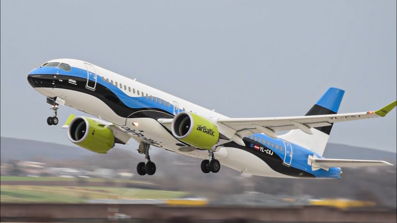 ✈️🔵⚫️⚪️Air Baltic Estonian Flag Livery takeoff at Stuttgart Airport (STR) - Planespotting