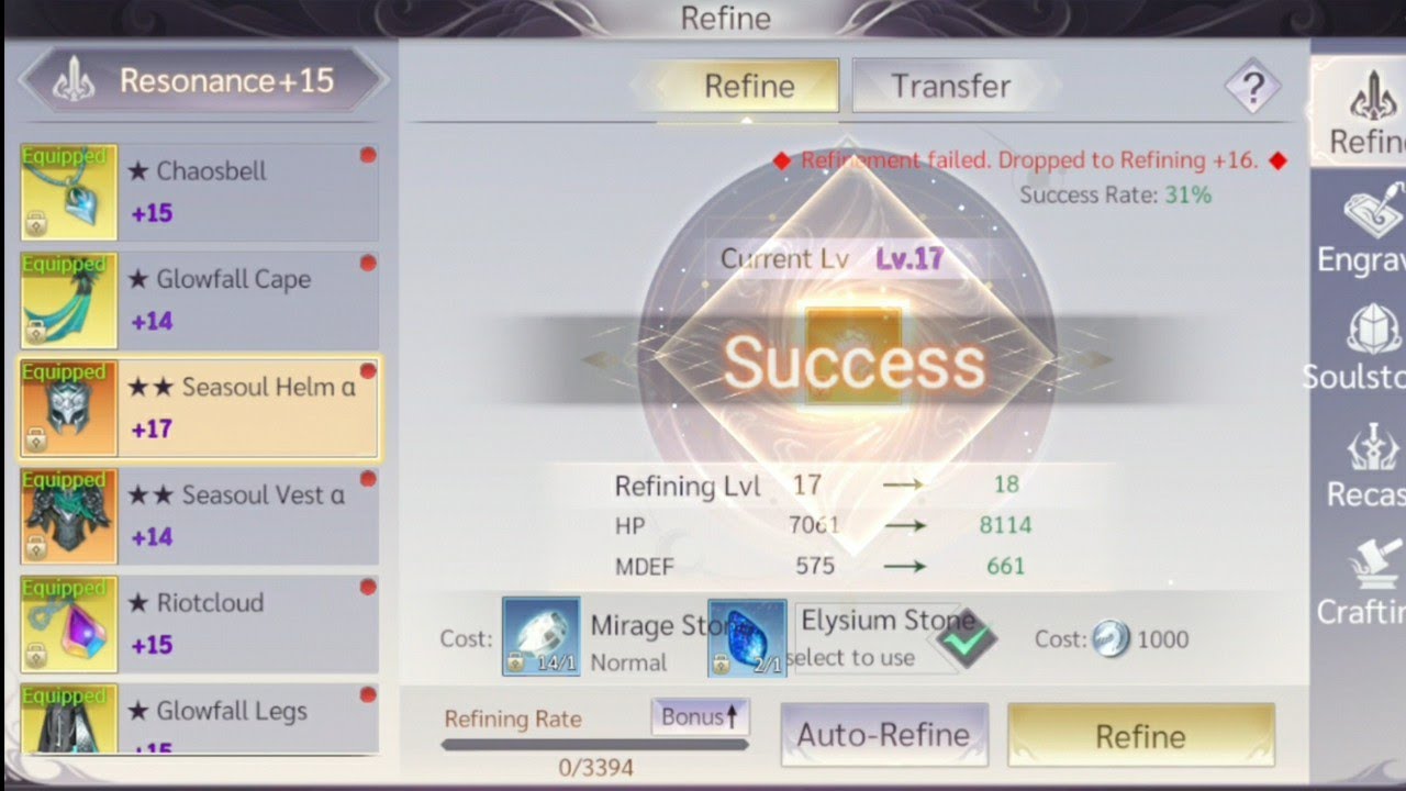 Refine +15 to +17 use Elysium, Perfect World Mobile