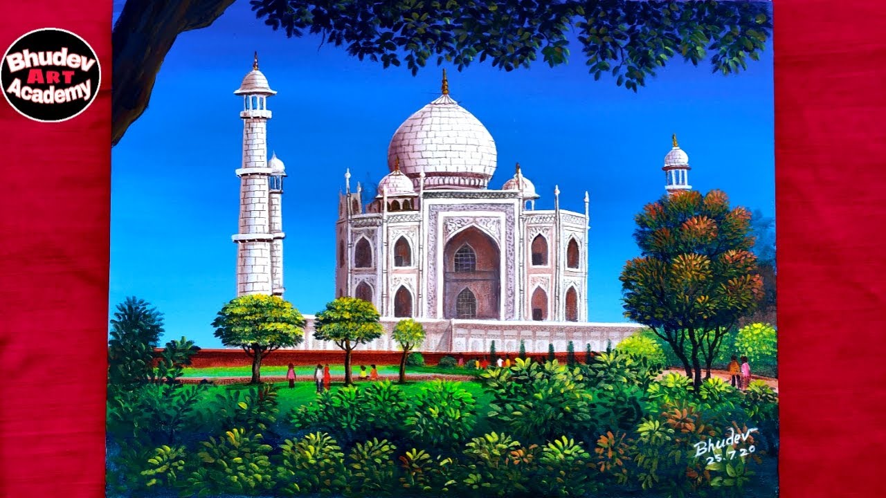 How To Draw Taj Mahal On Canvas|| Easy Taj Mahal Drawing With Acrylic Colour Step By Step