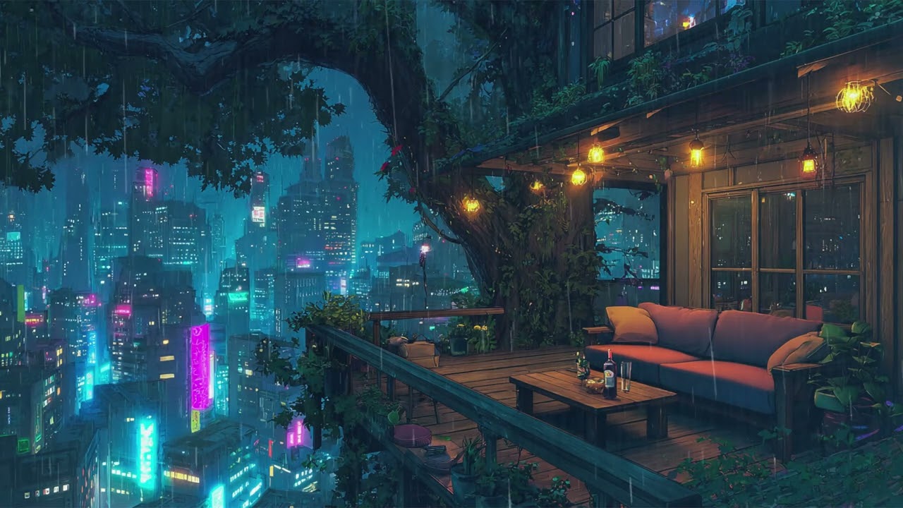 Cyberpunk High-Rise Balcony 🌃 | Rainy Neon Megacity View & Moody Sci-Fi Night Ambience | 4K