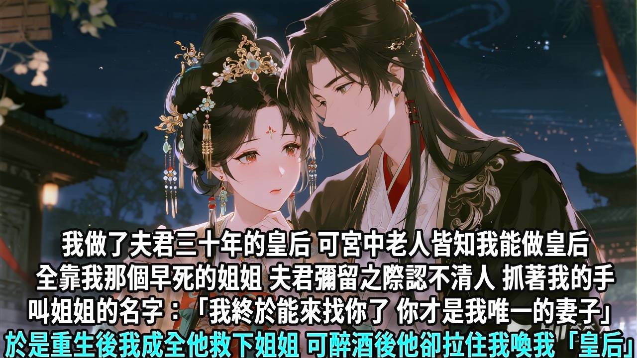 我做了夫君三十年的皇后，可宮中老人皆知，我能做皇后，全靠我那個早死的姐姐。夫君彌留之際認不清人，抓著我的手叫姐姐的名字：「我終於能來找你了，你才是我唯一的妻子。」於是重生後，我成全他，救下姐姐。可
