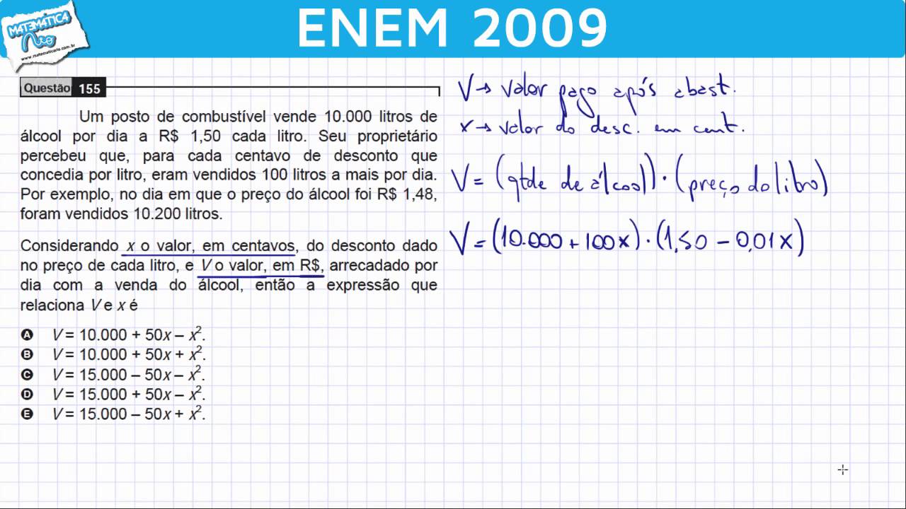 ENEM 2009 Matemática #20 - Determinando a Lei de Formação de uma Função Quadrática