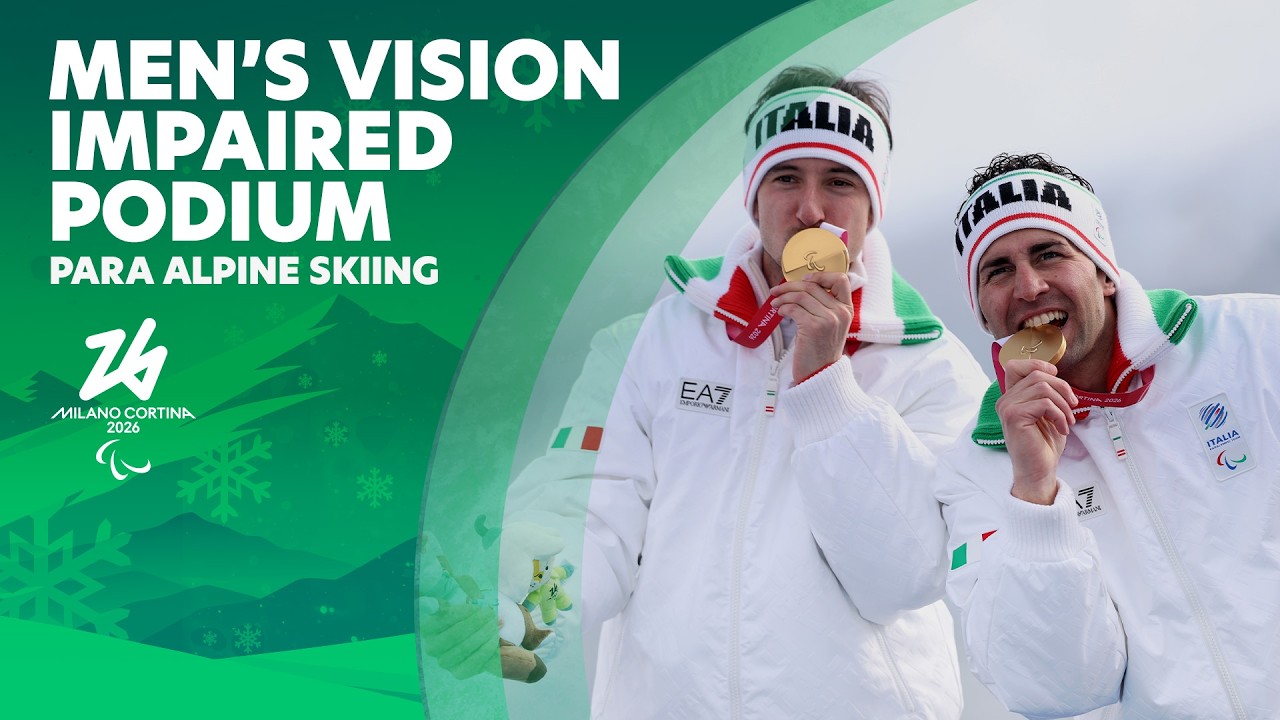 Церемония награждения 🏅⛷️ Паралимпийские горнолыжные соревнования, мужской слалом, спортсмены с н...