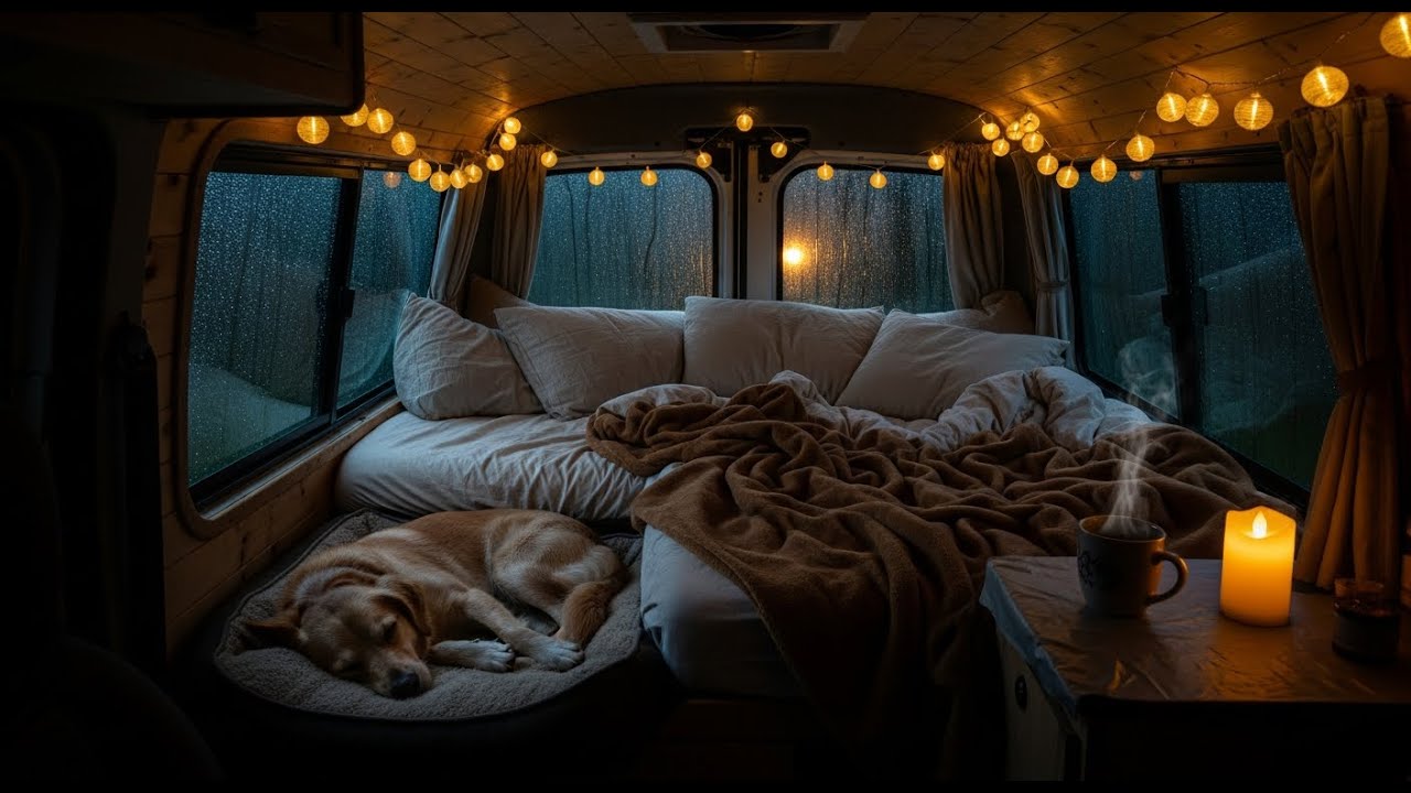 Vanlife Rain Sleep Ambience | Cozy Camper Night Dog Companionship for Stress Relief & Restful Sleep