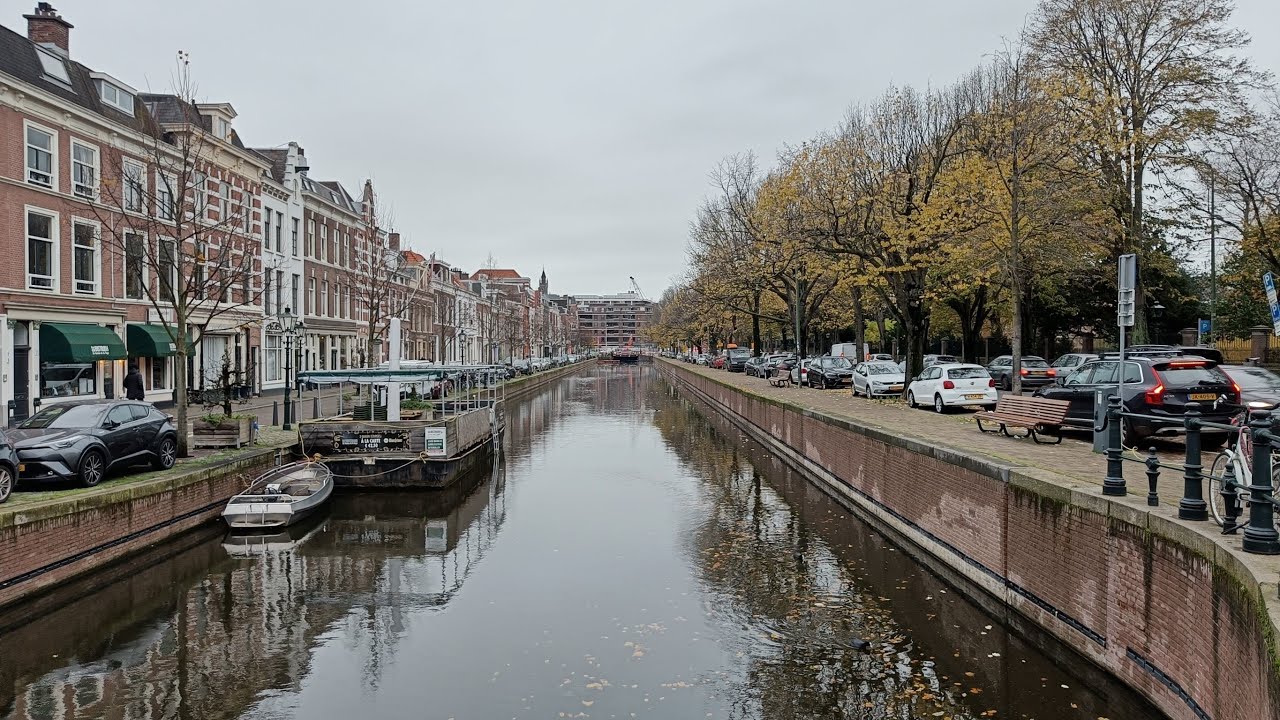 Twilight in the Hague the Netherlands. Autumn walk in the heart of the city with Christmas lights.4K