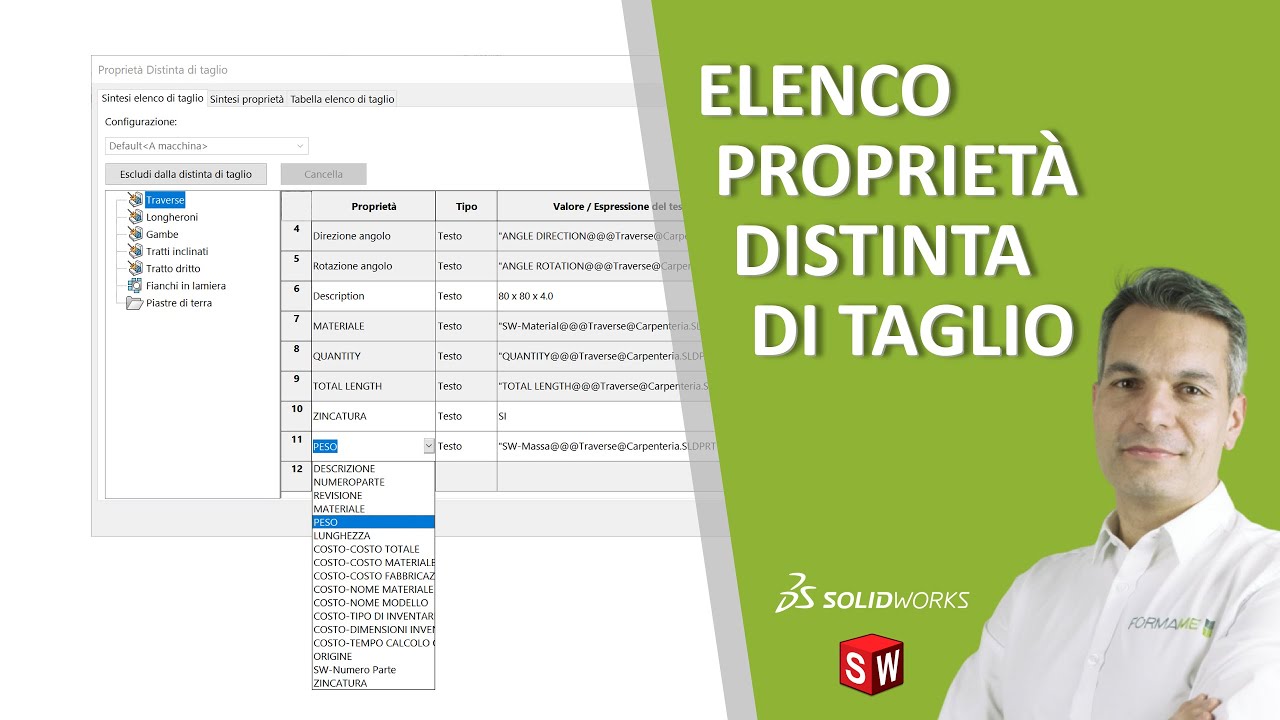 Aggiungere una proprietà elenco alla distinta di taglio SolidWorks