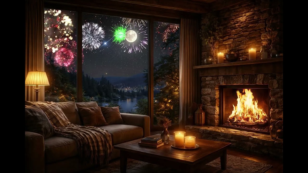 Cozy Jazz Night by the Fireplace | City & Lake View, Fireworks and Shooting Stars, New Year