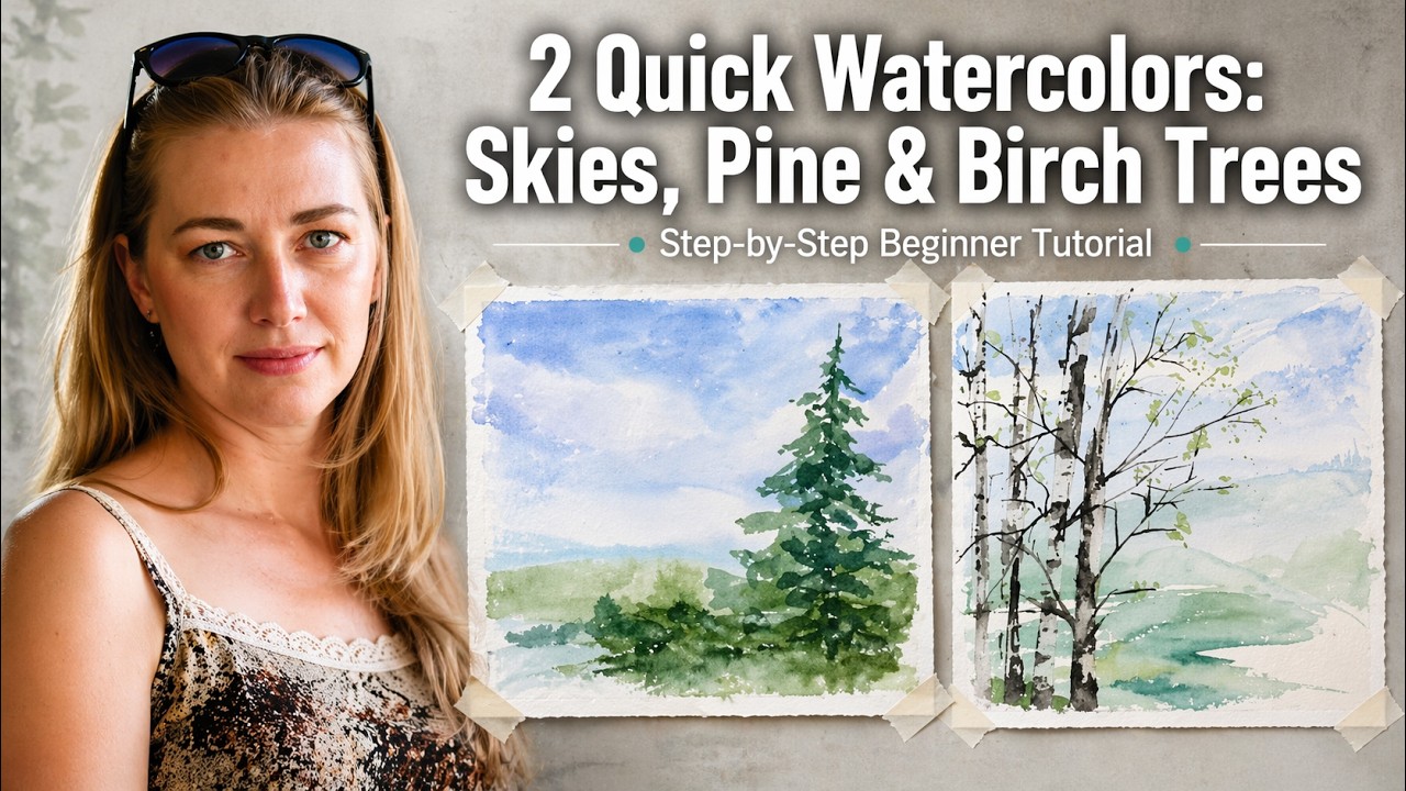 2 Quick Watercolor Skies Pine & Birch Trees | Calm Landscape Studies