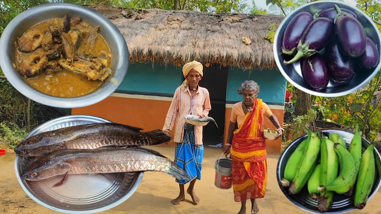 rural poor grandma cooking SHOL FISH curry with RAW BANANA || cooking BRINJAL CURRY and eating 