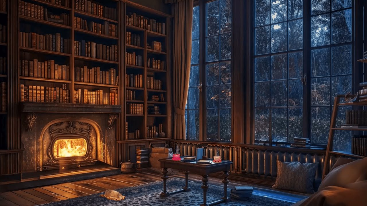 🔥Cozy Fireplace & Gentle Rain🌧️ | Warm Library Ambience for Sleep & Relaxation