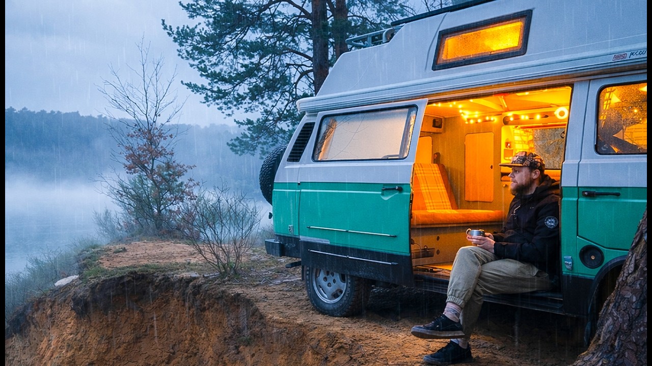 Mountain Rainy Lake & Old Camper: Solo Vanlife Getaway | Sounds of Camping | ASMR