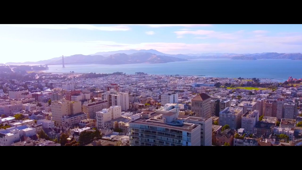HD Drone flight over Lafayette Park , San Francisco California (Golden Gate Bridge and Alcatraz)