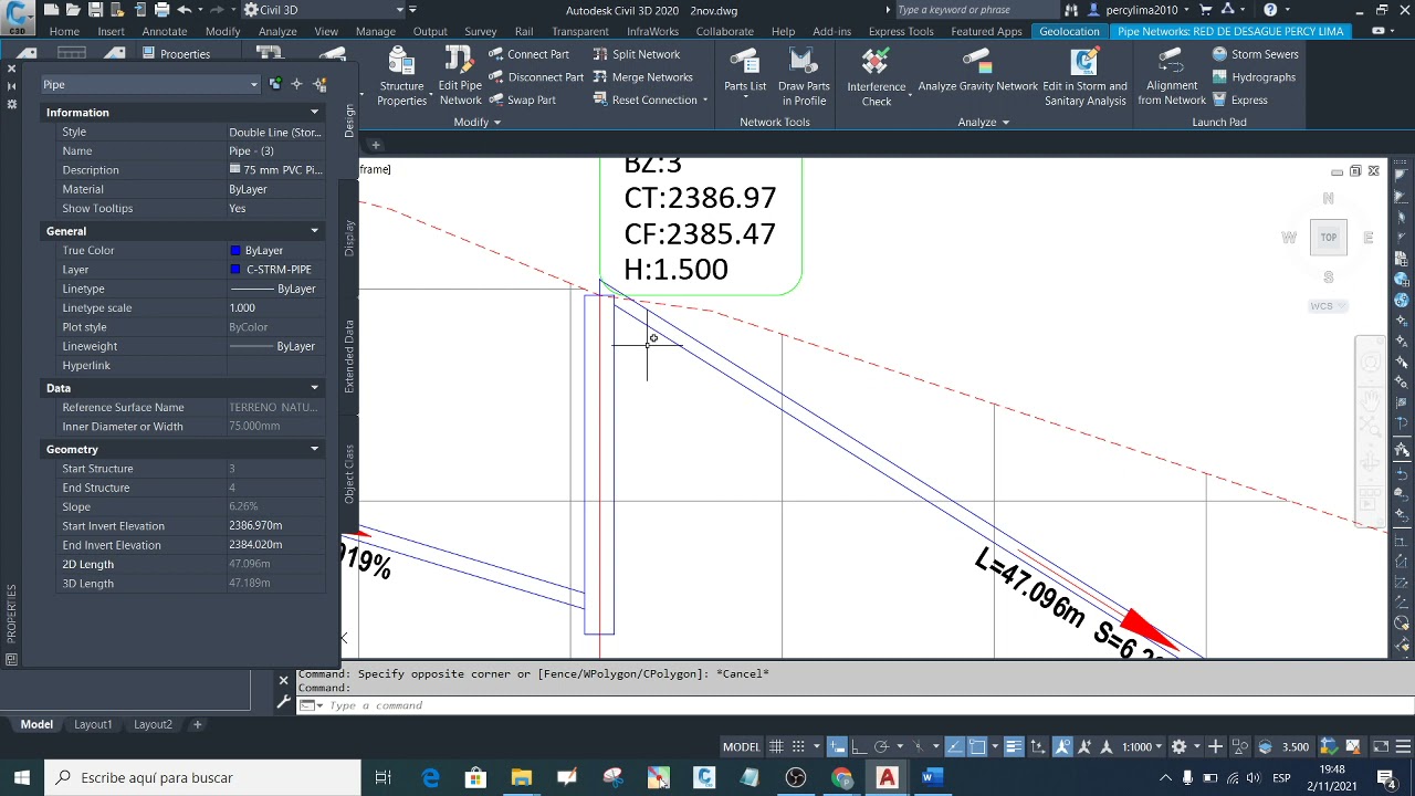 MODIFICAR ALTURA DE BUZON DESAGUE  PLANTA Y PERFIL COTA TAPA, COTA FONDO AUTOCAD CIVIL 3D PLANTILLA