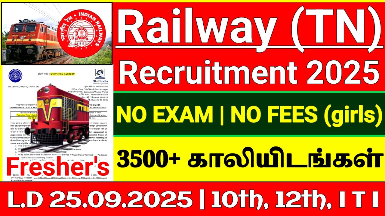 Southern Railway Recruitment 2025 | 3500+ Vacancies | No Exam | Railway Jobs in Tamil Nadu