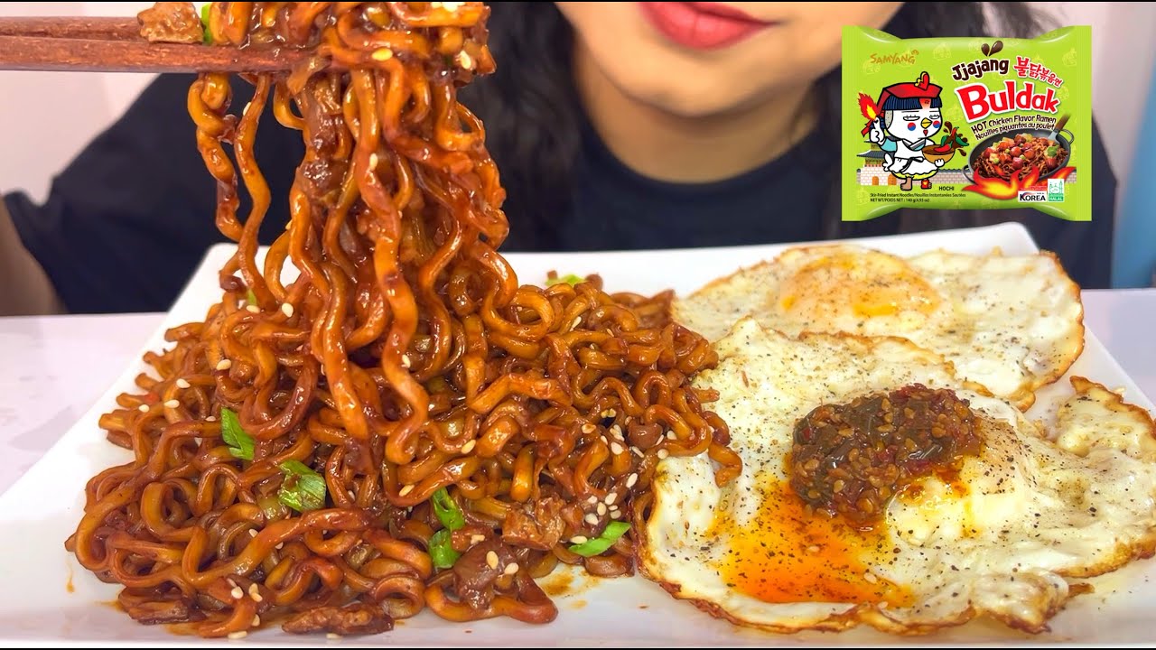 MUKBANG | Buldak Jjajang Ramen with Korean pickled radish and Fried Eggs🍜🍳🔥✨