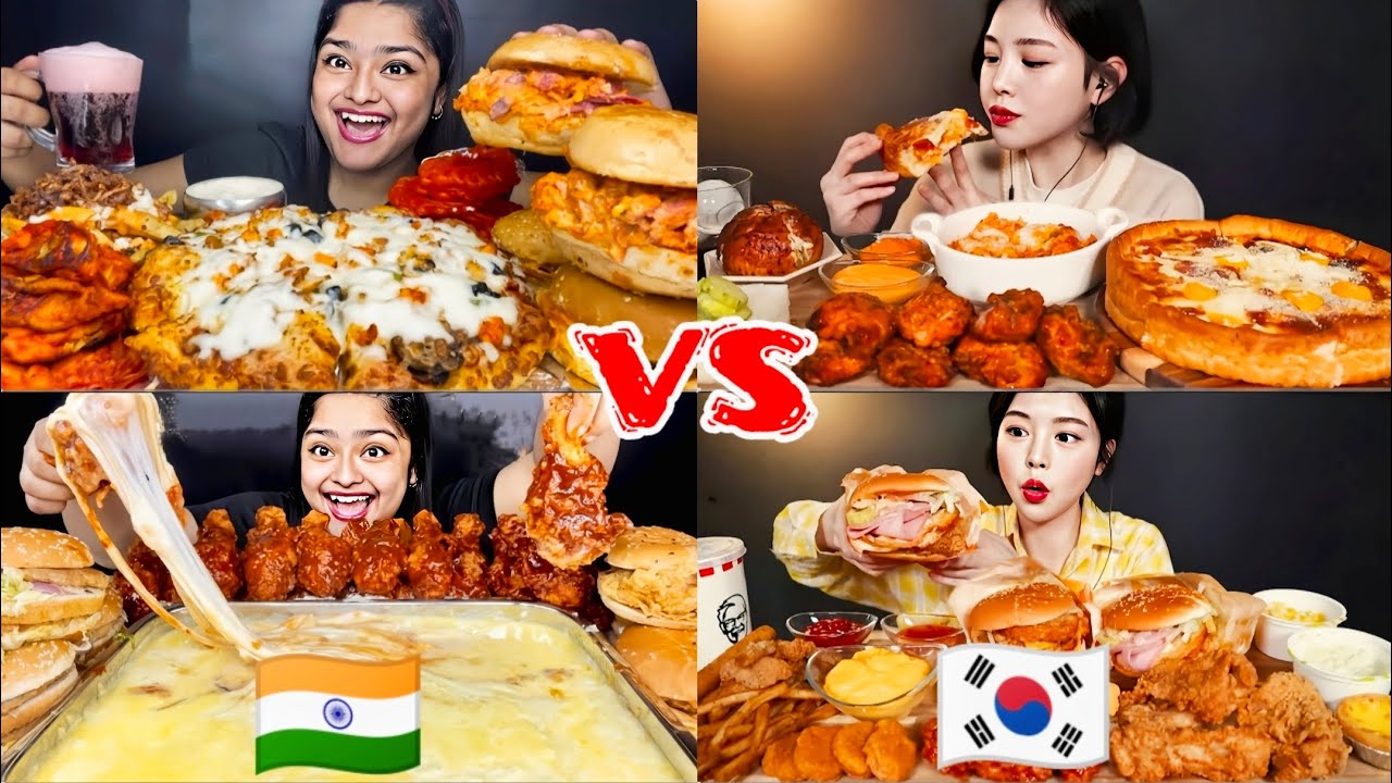 #INDIAvsKOREA#4×SPEED#EATING #CHALLENGE#CHEESEPIZZA#BURGER#FRIEDCHICKEN#ASMR#MUKBANGER#EATINGSOUNDS😋