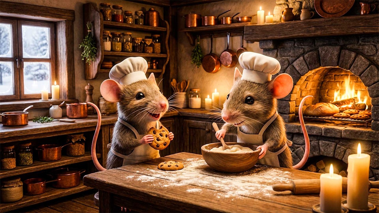 Mice's Cozy Baking Kitchen🍪Soft Fantasy Music • Fireplace & Winter Ambience for Relaxation & Comfort