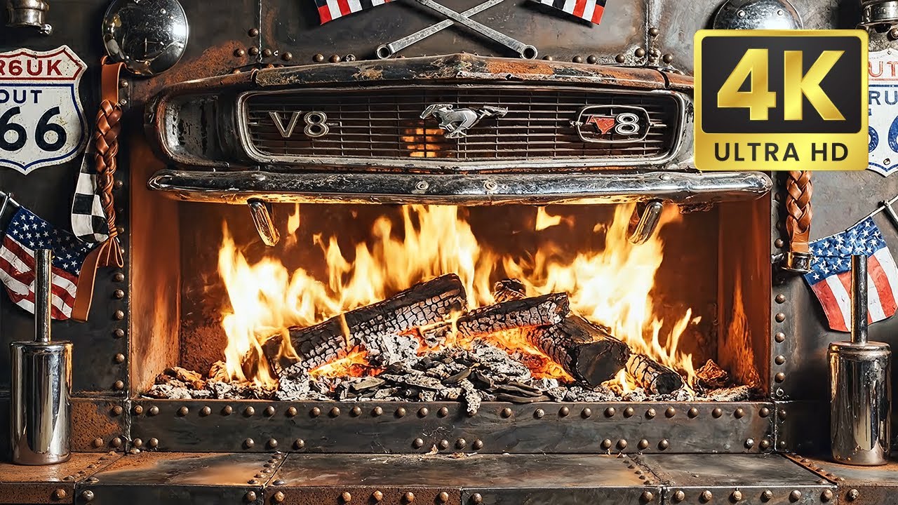 | 4K | The Ultimate Man Cave Fireplace | 67 Mustang V8 Ambience & Crackling Fire | Route 66 | 2hours