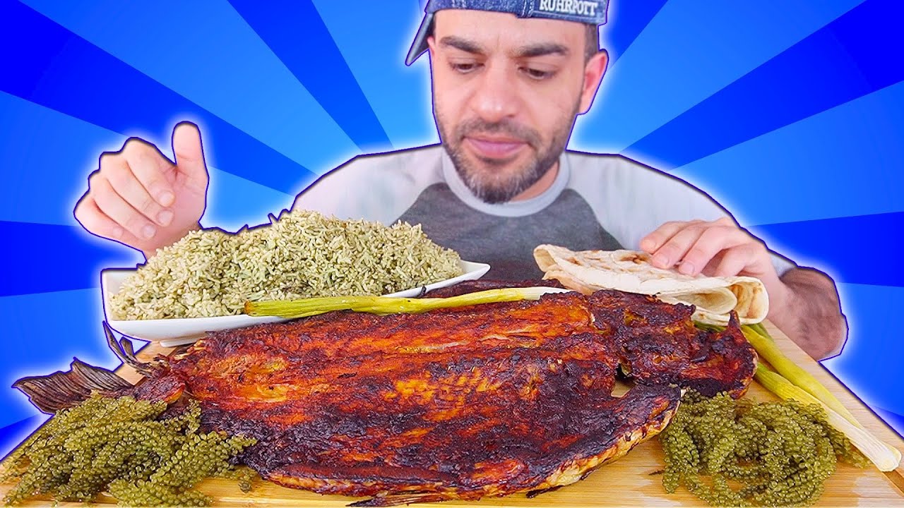 موكبانغ سمكة شبوط مسكوفة على الطريقة البروزية بالتتبيلة السرية مع الرز الأخضر بالشبنت وعنب البحر