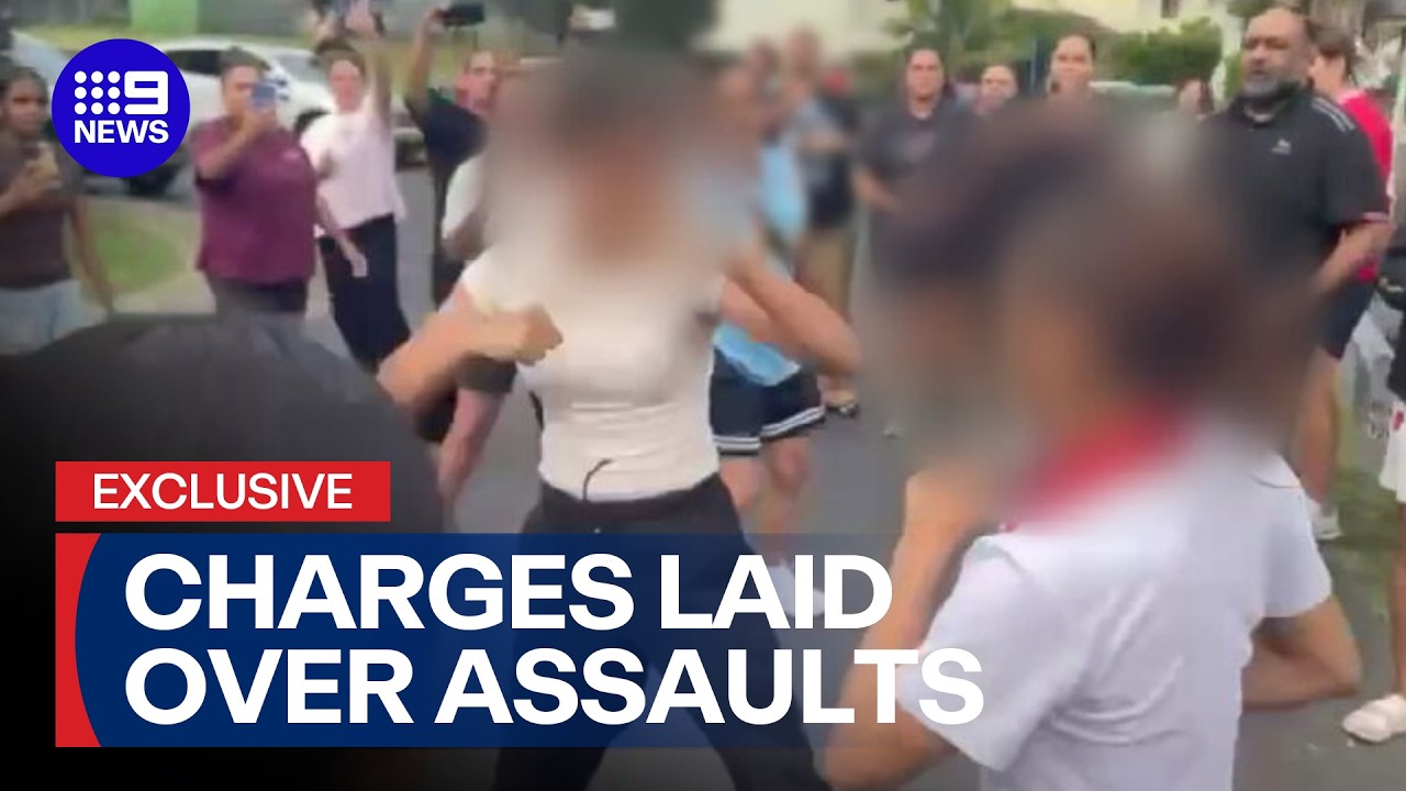 Adults cheer on brawling school children in shock video  | 9 News Australia