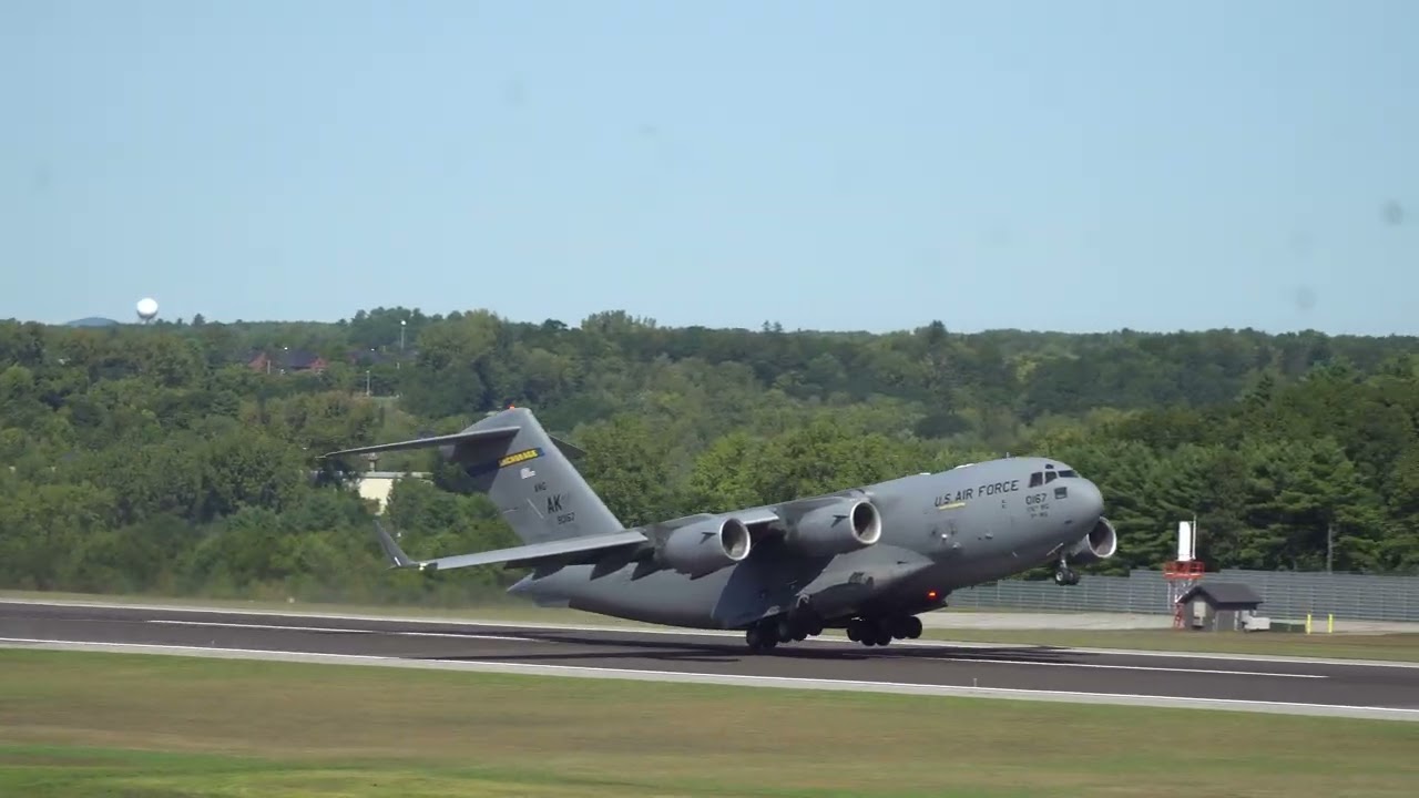 Alaska Air Guard C17 taking off at Burlington International Airport