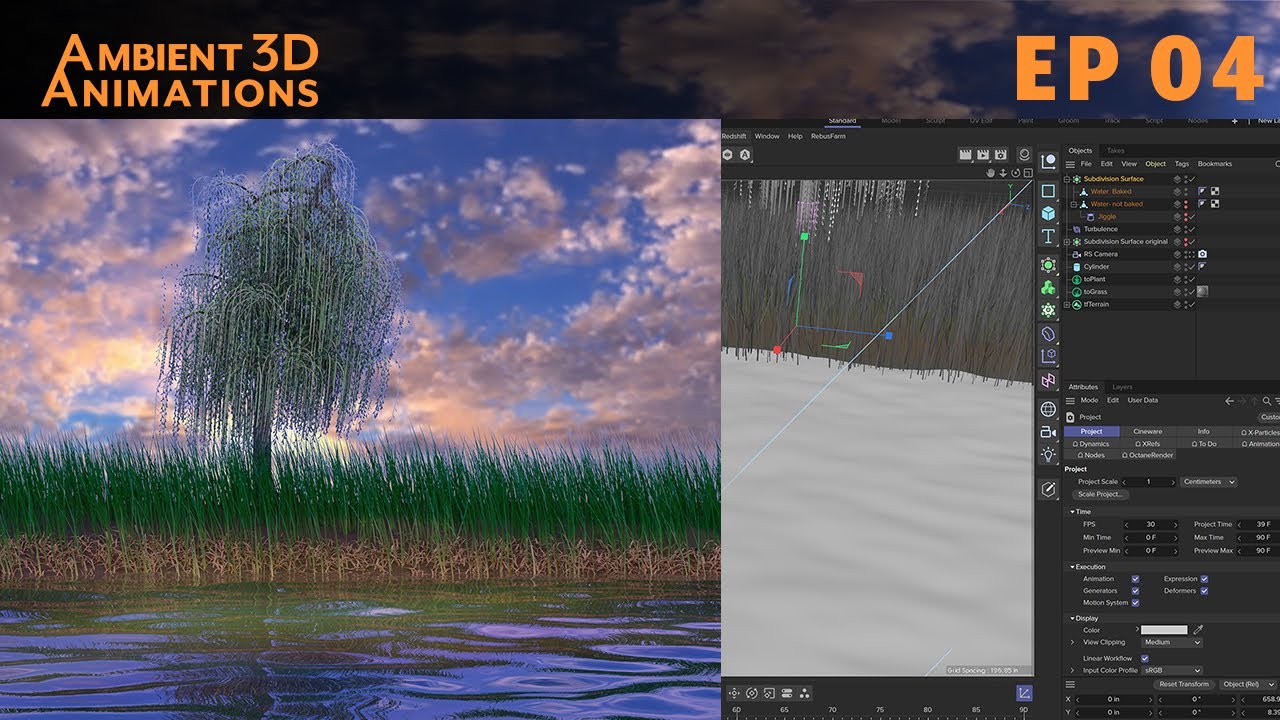 EP 04 Cinema 4D Water Loop Tutorial for Pond Scene | Jiggle Deformer and Turbulence