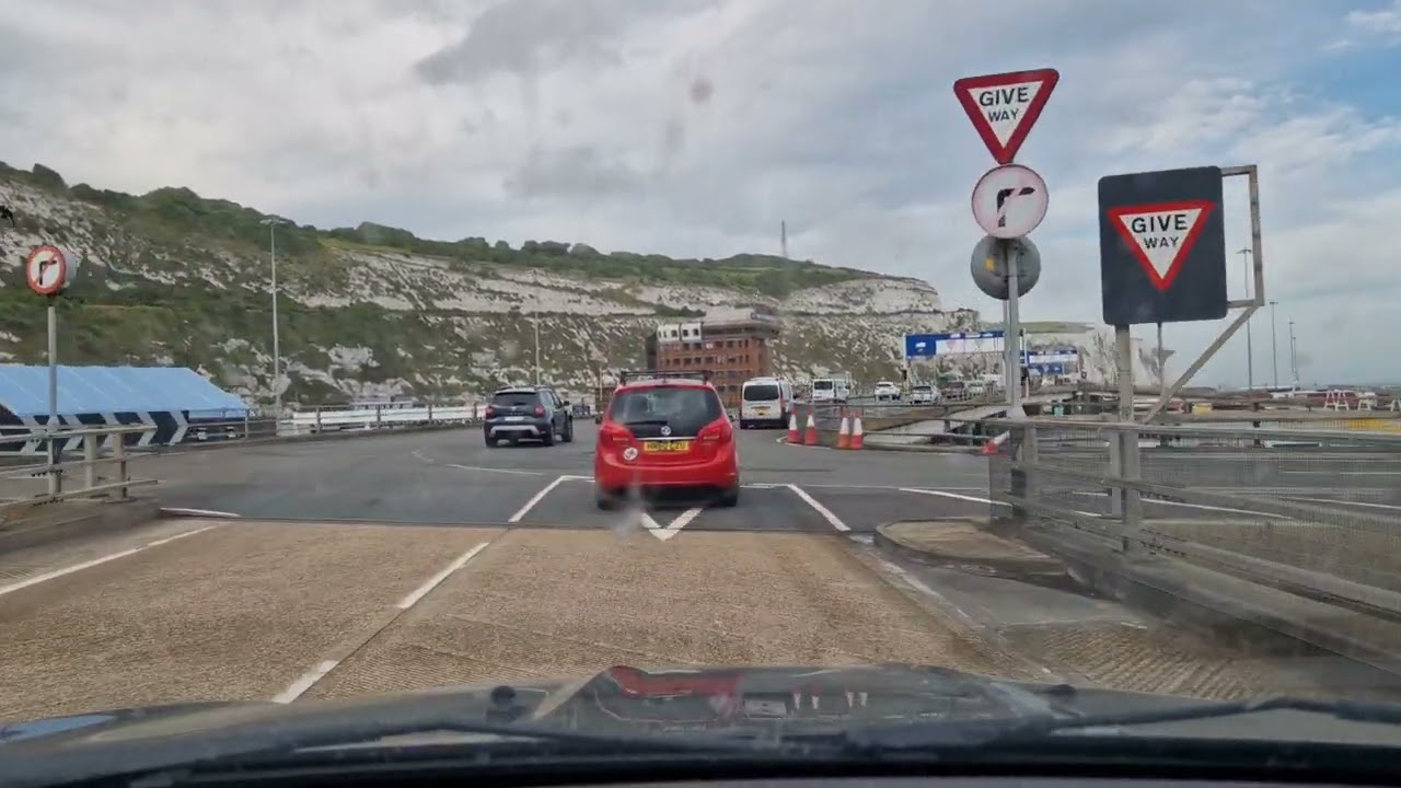 Driving off the Cross Channel Ferry through Dover Docks in the UK.
