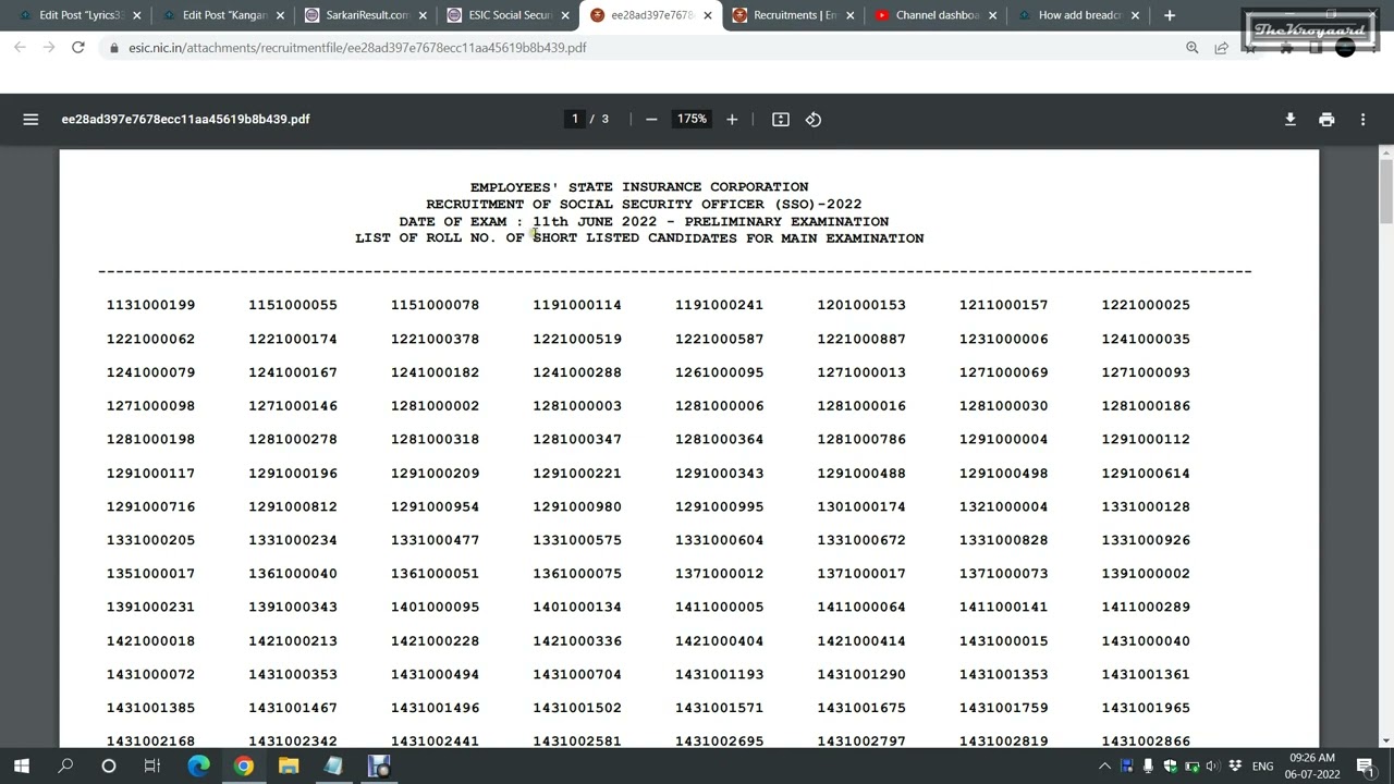 [result] ESIC - Social Security Officer SSO exam Pre result 2022