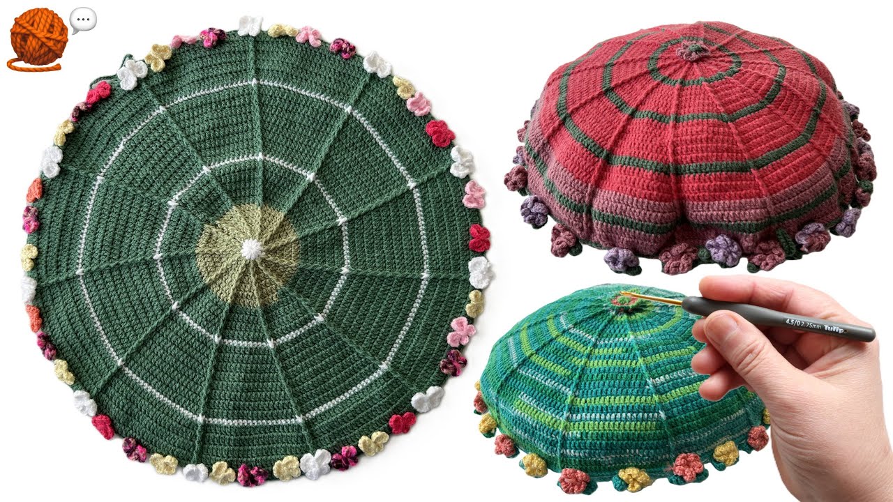 Yuvarlak çiçekli yastık nasıl örülür? 🧶🌼🟢🔴 How to knit a round floral pillow? #Örgü&Sohbet