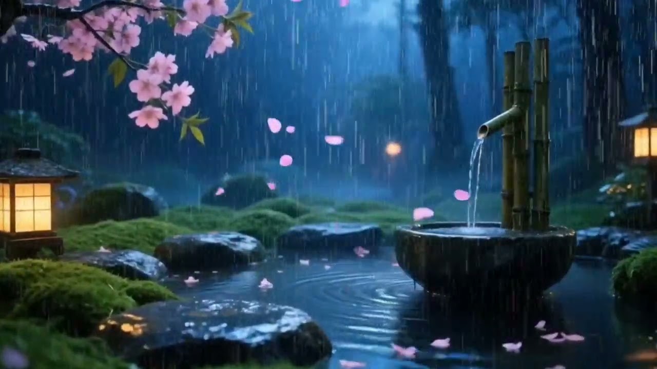 Peaceful Night Rain and Piano in a Zen Garden | Sleep, Study, Relax