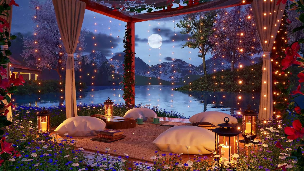 Cozy Springtime lake Patio at Night: Soothing nature sounds, water, crickets for sleep, relax, focus