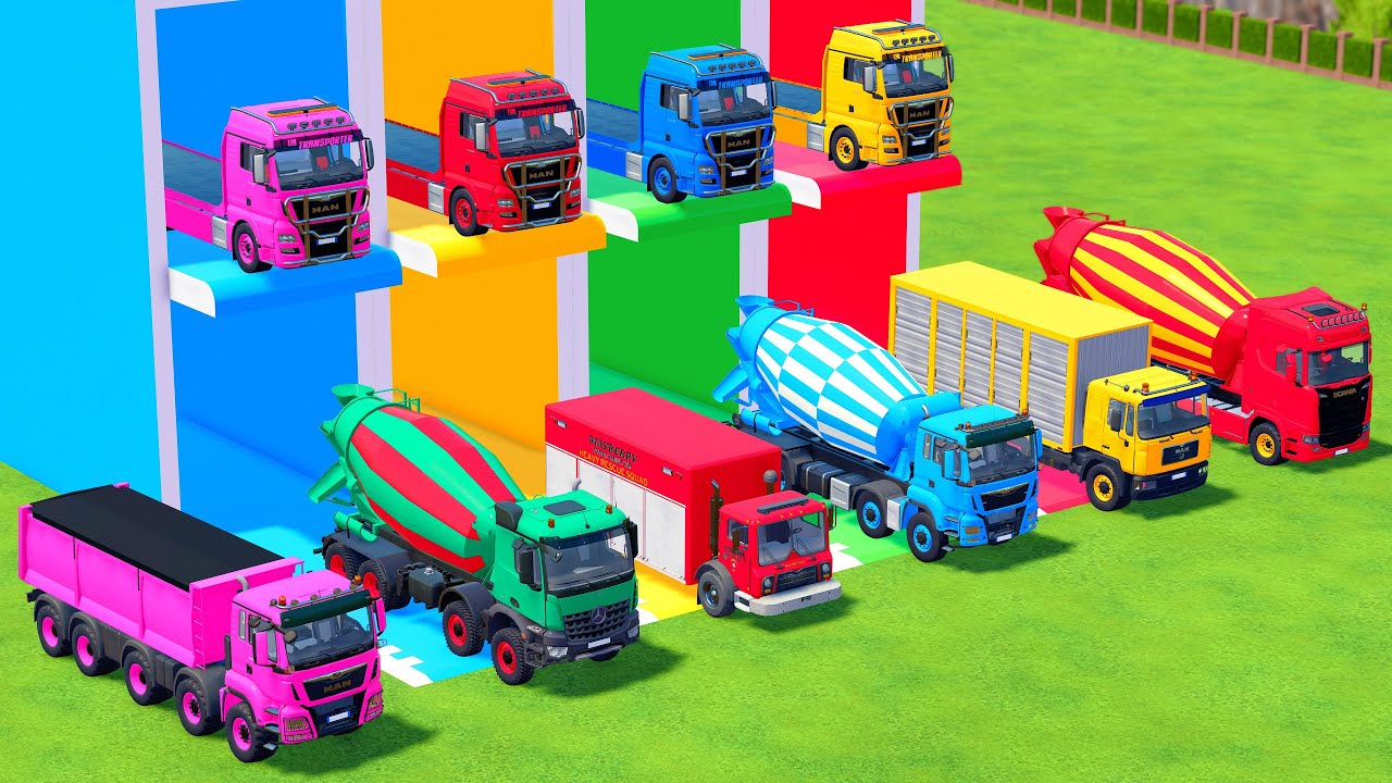 TRANSPORTING ALL COLOR MIXER TRUCK WITH DOUBLE FLATBED TRUCK MERCEDES, MAN, SCANIA, VOLKSWAGEN -FS22