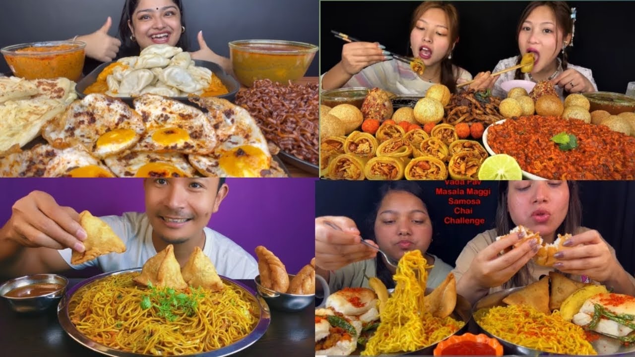 SPICY🔥 MOMO, OMLETTE, NOODLES😋 LAFING, SAMOSE, CHATPTE#mukbang #eatingchallenge 