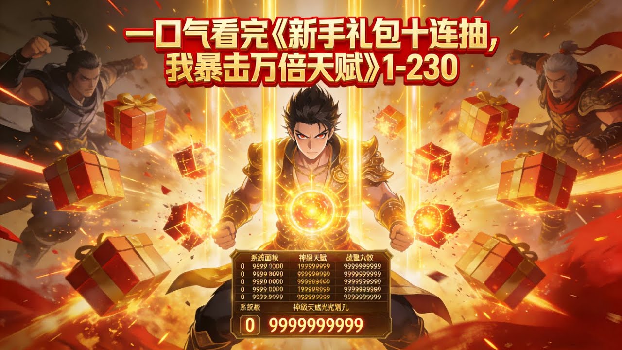 一口气看完《新手礼包十连抽，我零天赋暴击亿万倍》1-230 楚寒穿越武道世界，楚寒没有天赋，好在觉醒每日抽奖系统。系统大礼包开局十连抽！楚寒获得万倍天赋！也就是万倍悟性！万倍效率！万倍根骨！万倍潜能！