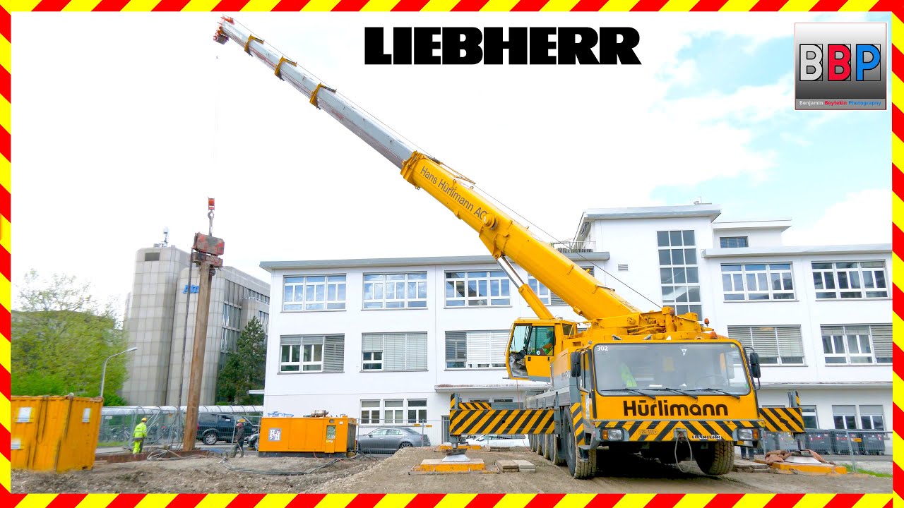 Liebherr LTM 1120 m. Vibrationsramme setzt Spundwand, Z&uuml;rich, 2023.