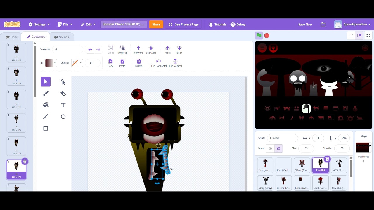 Как создать Sprunki Phase 10 на Scratch. Часть 4: Костюмы и звуки FunBot от Tej.