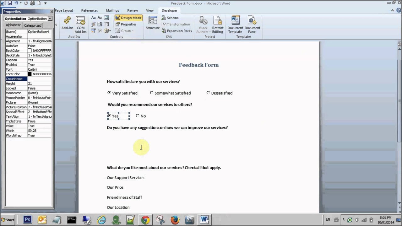 How to create radio/option buttons, text boxes and check boxes in Microsoft Word